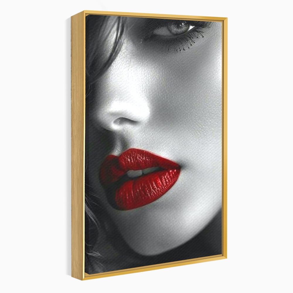 Tablou canvas cu portret feminin alb-negru cu buze rosii, in rama de aluminiu auriu